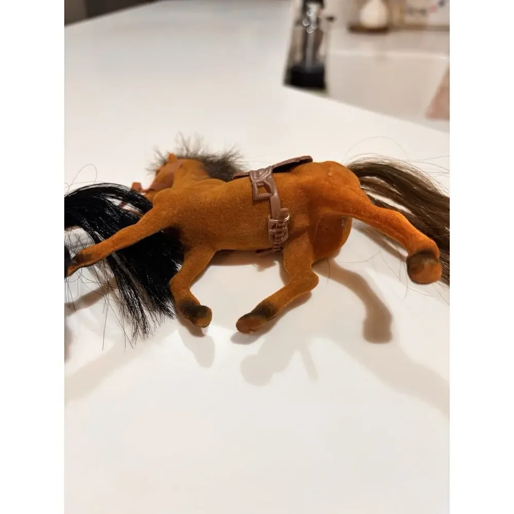 Vintage Small Flocked Plastic Horse Lot Toy Figurine Pony Brown & Black 4.75”